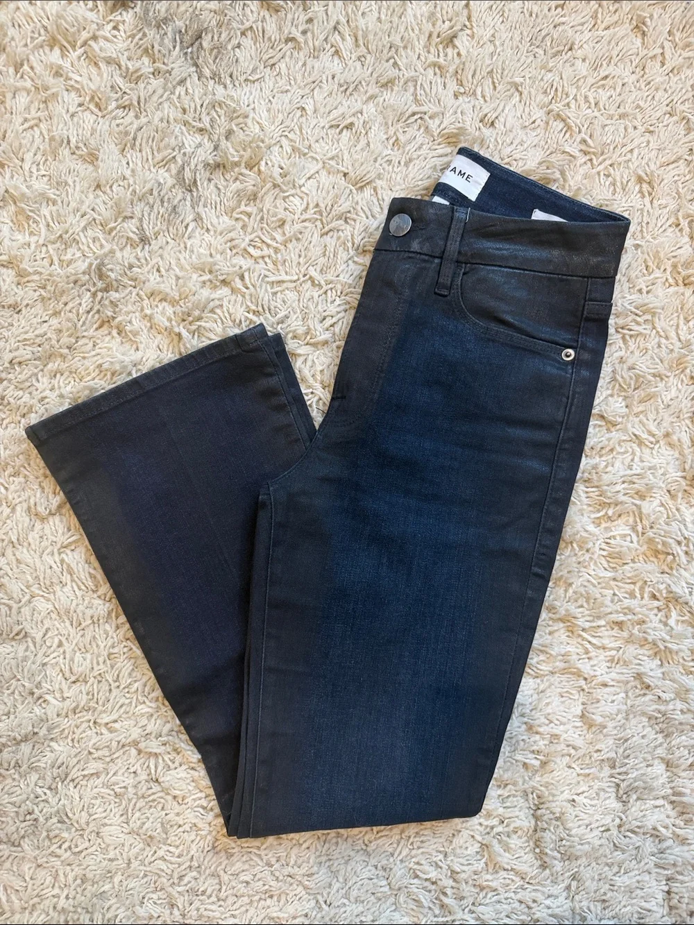 FRAME Le Crop Mini Boot Coated Jeans Epicure Dark Indigo Waxed Denim - Picture 8 of 8